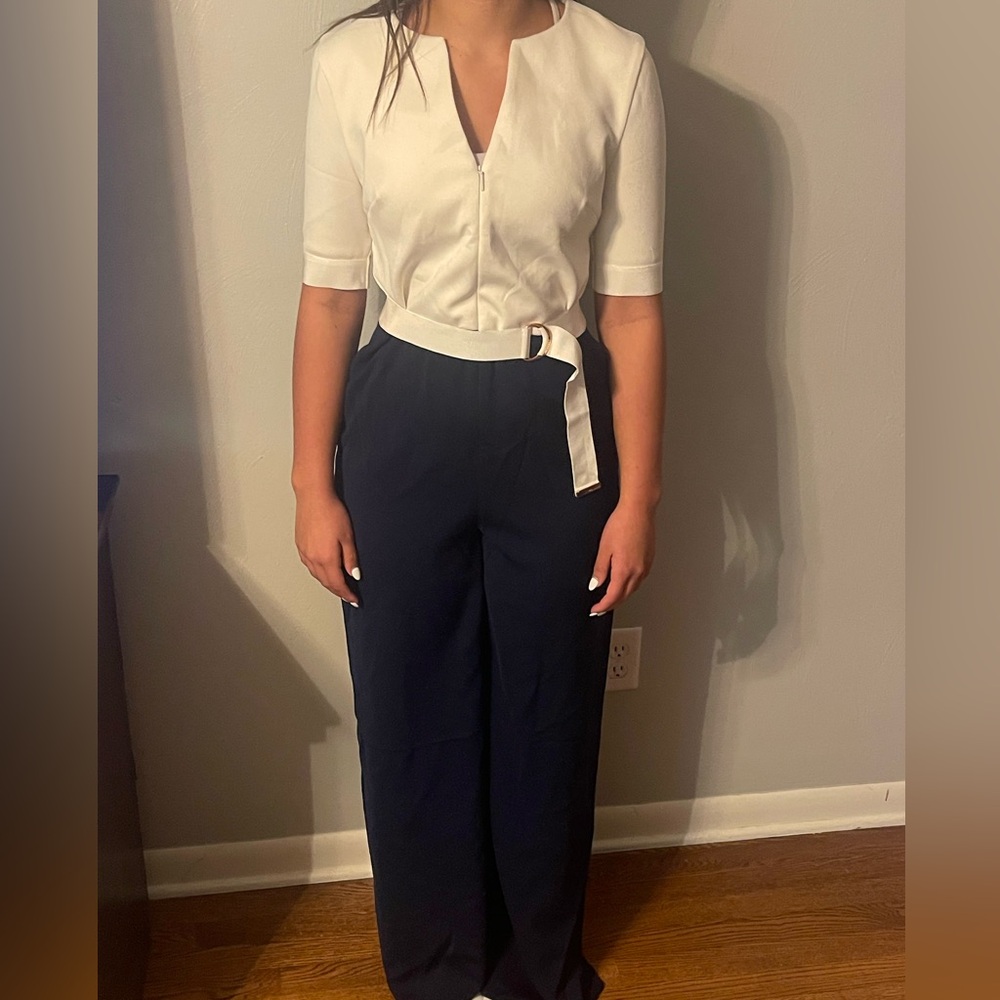 Ted Baker London White Navy Wide Leg Jumpsuit Belted Size 2 Elegant